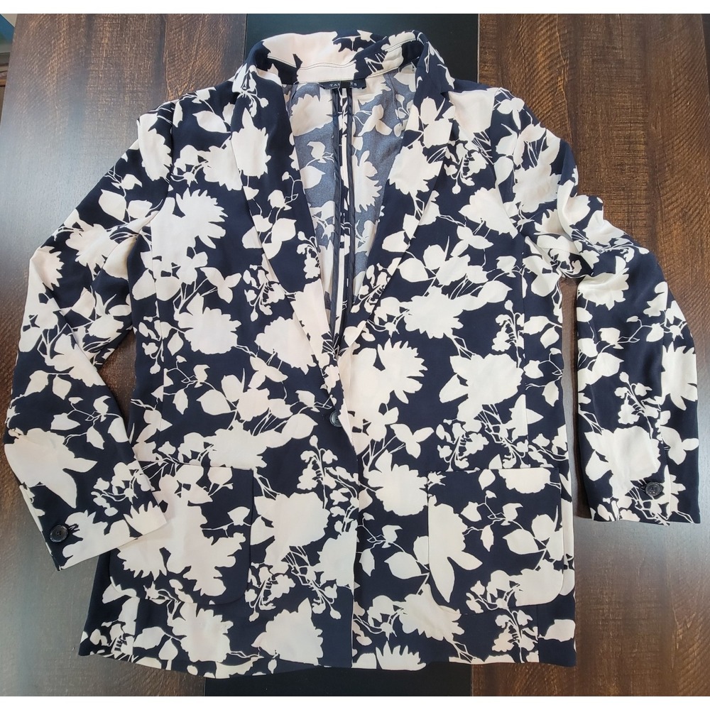 Talbots Floral Navy Blue White Top Blouse Button Front Blazer Pockets sz Large L